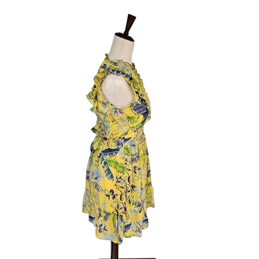 Banjanan 100% Silk Tropical Ruffle Floral Yellow Mini Dress Small Preowned - Picture 5 of 11